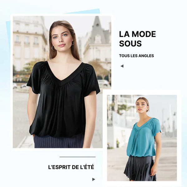 Dernier Jour de Soldes 50% de Réduction – Haut Décontracté Plissé à Col V Pour Femme zaxx
