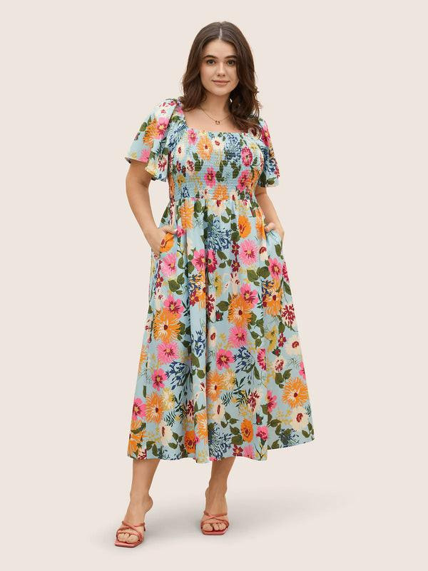 - 60 % Offre Limitée – Robe d’Été Midi Fleurie à Col Carré et Poches – Valmora™ zaxx