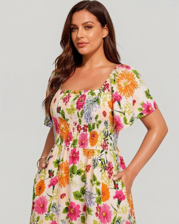 - 60 % Offre Limitée – Robe d’Été Midi Fleurie à Col Carré et Poches – Valmora™ zaxx