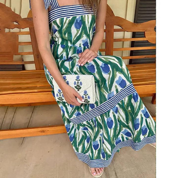 Robe Longue Bohème Fleurie à Volants – Robe d’Été Fluide sans Manches avec Poches zaxx