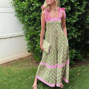Robe Longue Bohème Fleurie à Volants – Robe d’Été Fluide sans Manches avec Poches zaxx