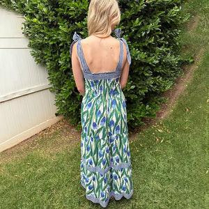 Robe Longue Bohème Fleurie à Volants – Robe d’Été Fluide sans Manches avec Poches zaxx