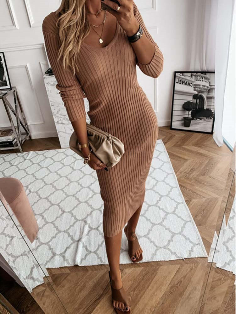 Robe Tricotée Couleur Unie À Col Rond