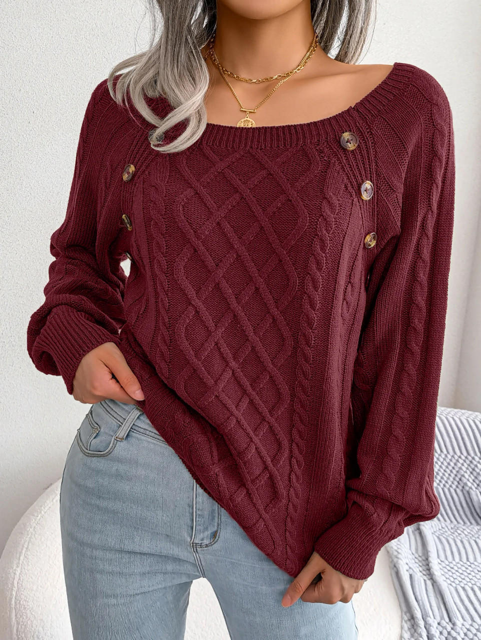 Pull Femme Merona Boutonné - Framboise Avec Strass - Taille M