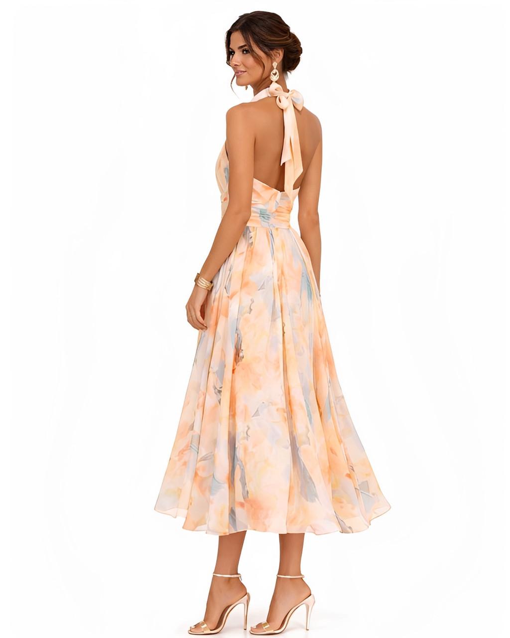 Robe Midi Femme Imprimé Floral Col Halter Élégante – Aurora™