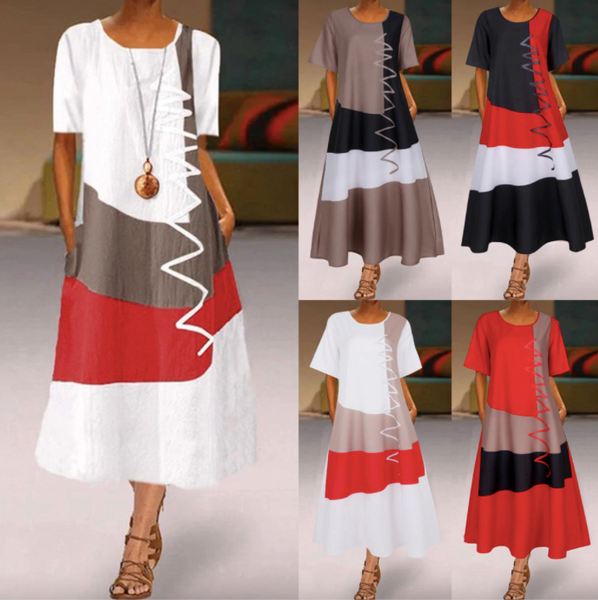 Robe Longue Vintage été Motif Géométrique Noir/blanc/rouge - Taille FR 44, Occasion Très Bon état