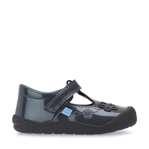 First Mia, Gunmetal glitter patent girls riptape t-bar first walking shoes