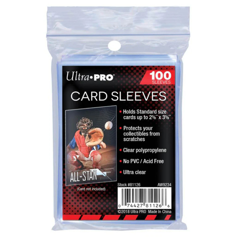Ultra PRO's original clear Soft Trading Card Sleeves are made with non-PVC, archival safe and acid-free polypropylene film.

These sleeves protect your valuable trading cards and collectible game cards from dust, dirt, and natural oils from your hands during the handling and storage of the cards.

Designed to hold standard size (2-1/2-inch X 3-1/2-inch) trading cards up to 35 points in thickness, these sleeves also minimise surface scratches on your cards during sorting, display, or for gaming cards, during gameplay.