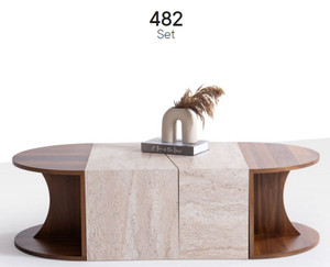 Center Table - Travertine MDF Design Top * 2 - Walnut Sides * #482