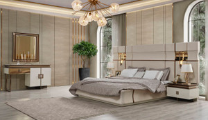 Piano Queen Bed, 2 Nightstands, Dresser and Mirror