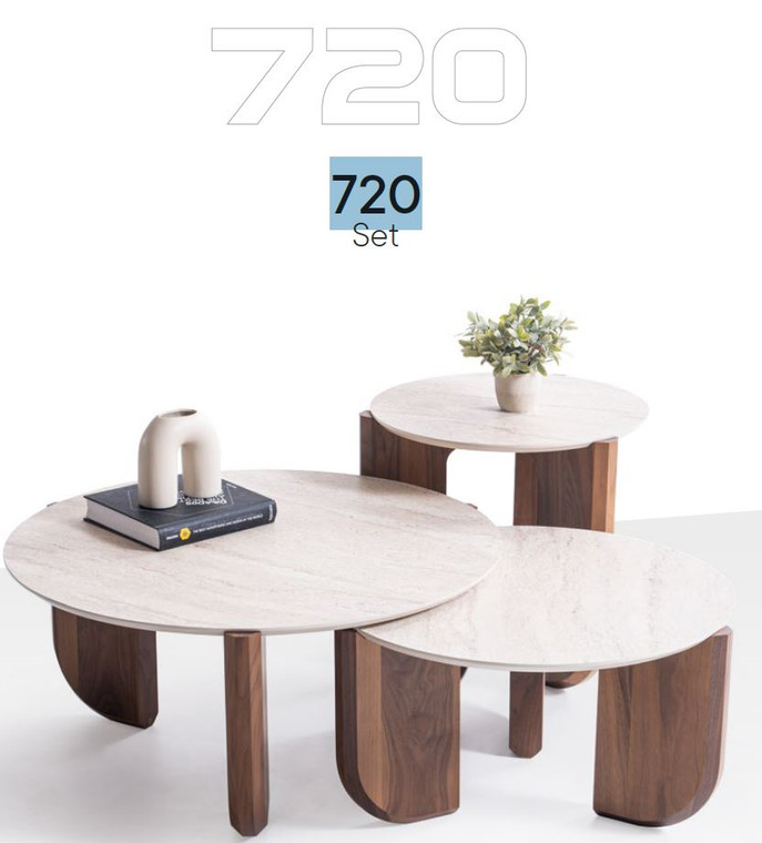 Center Table - Travertine MDF Design Top - Walnut Legs - Set #720
