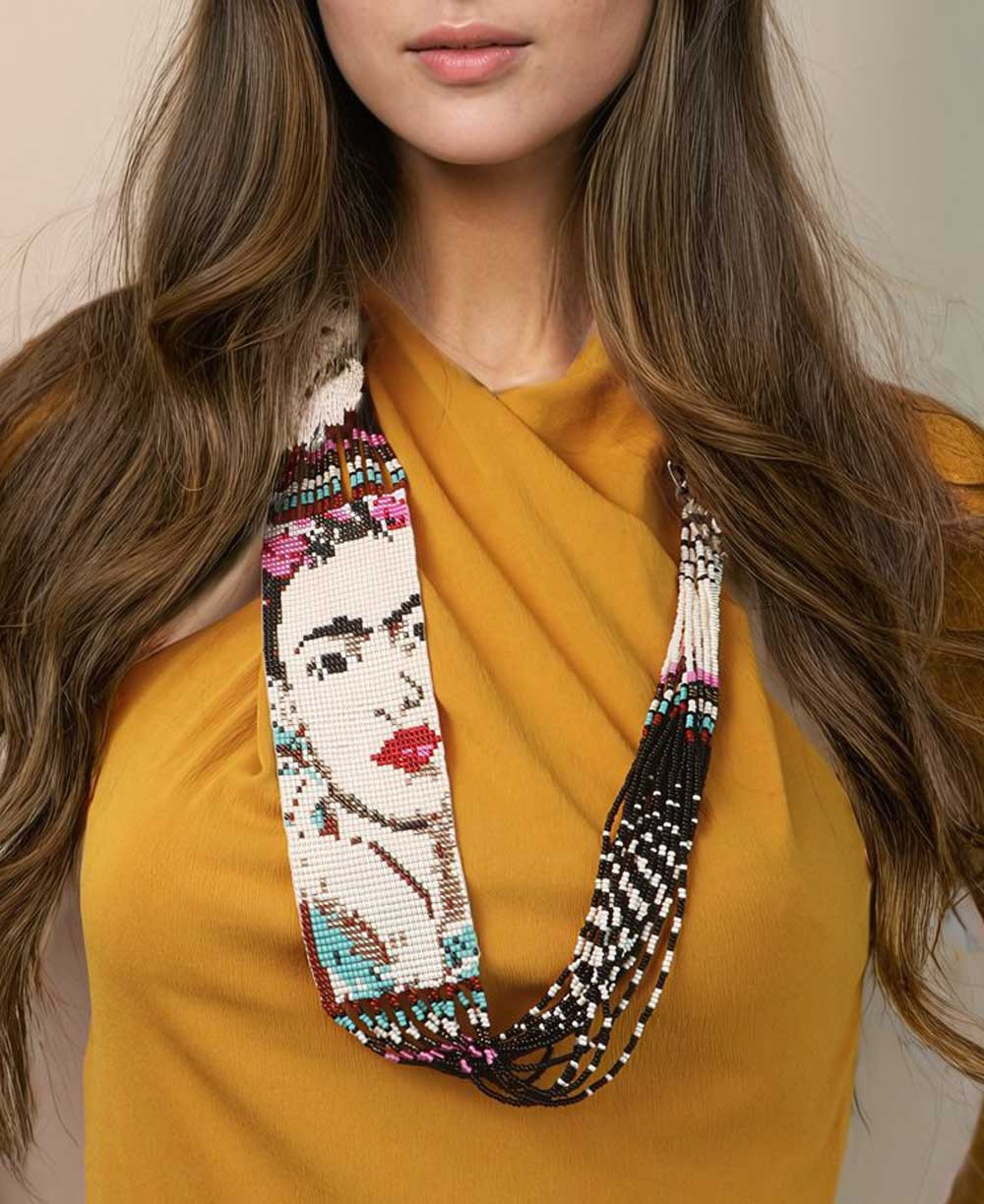 Frida Kahlo Inspired Beaded Necklace – Artistic Czech Glass and