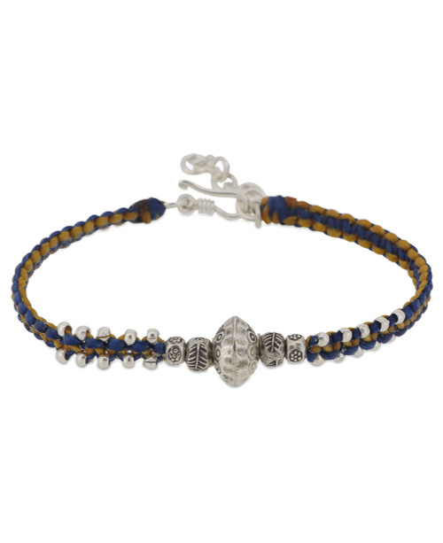 Braided Waxed Cotton Bracelet with Thai Hilltribe Silver Etched Beads