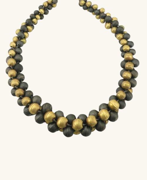 Cultural Elements gold and gunmetal-tone layered statement necklace with twisted beads and antique finish. Adjustable 21.5" length.