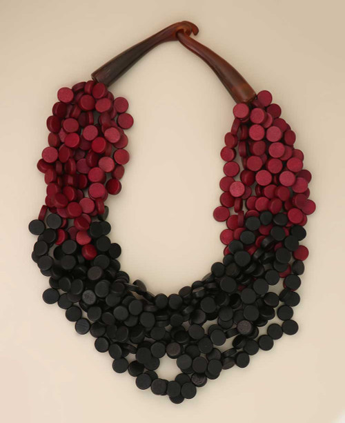 Red and black twisted wooden disc necklace