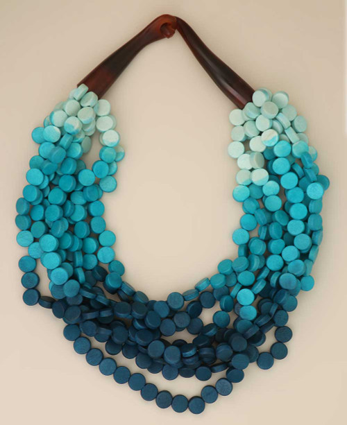 Aqua ombre twisted wooden disc necklace