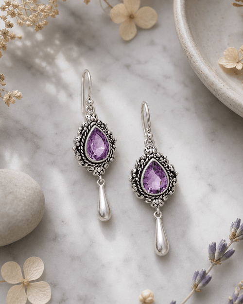 Amethyst Sterling Silver Drop Earrings — earrings, editorial marble lifestyle photo