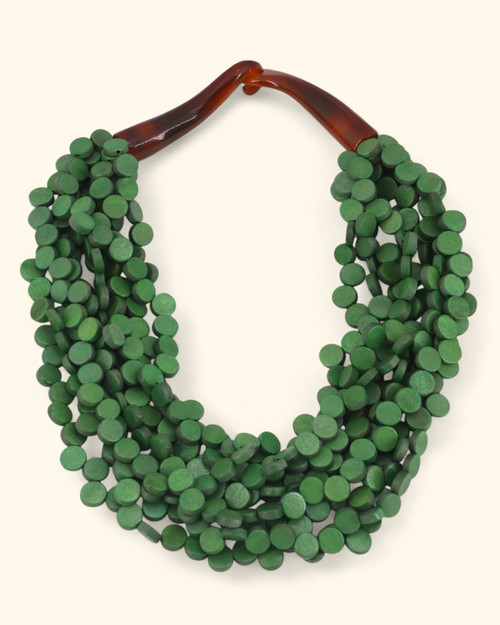 Twisted Green Wood Disc Necklace