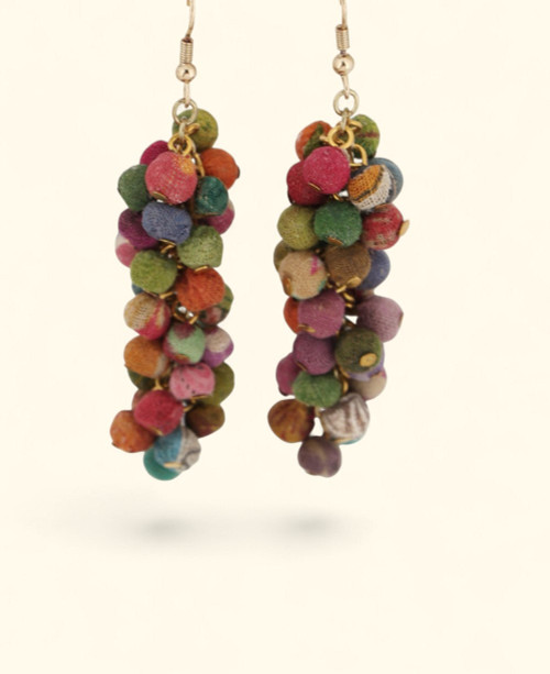 Handmade Kantha fabric bead earrings with brass hooks

