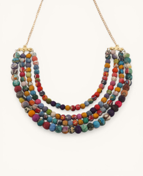 Layered Rainbow Upcycled Textile Kantha Necklace