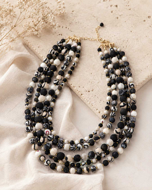 Layered Black And White Kantha Textile Necklace