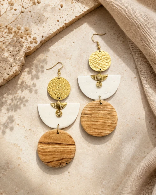 Kazuri brass and wood statement earrings laid flat on a textured stone surface alongside dried flowers and neutral linen fabric