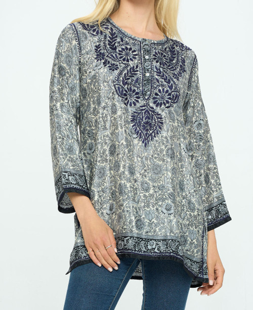 Midnight Floral Garden Embroidered Tunic Top