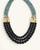 Jet glass and hematite triple strand necklace close detail showing teal herringbone beads, dalmatian jasper, and gold disc connectors