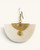 Single Kenyan hand-carved bone and brass fan earring, close-up detail view of ridged brass wire fan and spiral center element