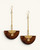 Kenyan handmade brass and wood half-moon drop earring pair displayed at staggered heights on white background, showing wood grain
