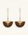 Kenyan handmade brass and wood half-moon drop earrings pair, front view on white background showing brass spiral wire detail