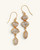 Triple Herkimer quartz gold-plated drop earrings shown as a pair, three stacked raw crystal stones in gold bezels