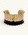 Hand-hammered brass cuff bracelet with black band, front view on white background showing beaded edges and open cuff shape