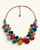 Kantha recycled textile layered bead necklace front view showing two rows of multicolor kantha fabric beads with gold-tone lobster clasp