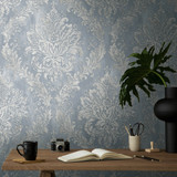 RW3790491A Blue Damask Wallpaper