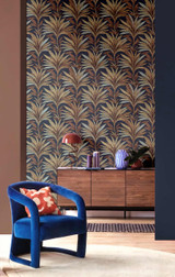 RW75816P Petrol Blue Palm Leaf Wallpaper