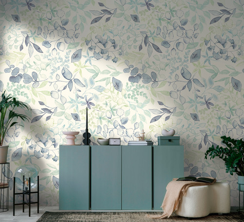 RW5396921A Repeatable Green and Blue Leaf Mural