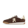 Rieker W4000-25 Retro trainer in tobacco brown with cream sole and signature side logo. Vintage sports styling.