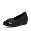 Rieker L5362-00 Black leather comfort slip-on shoe with cushioned footbed and low wedge sole.