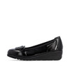 Rieker L5362-00 Black leather comfort slip-on shoe with cushioned footbed and low wedge sole.