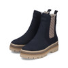 Rieker Y6260-14 Navy ankle boot with patterned elastic side panels, warm lining and lightweight chunky sole.