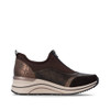 Remonte D0T08-90 Women's casual slip-on trainer in nougat and black with contrasting white wedge sole, elastic panels and lightweight comfort design.