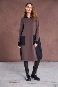 Naya NAW25177 Dress with contrast hood side panels and pocket detail Cocoa/Black 739 Naya NAW25177 Dress with contrast hood side panels and pocket detail Cocoa/Black 739