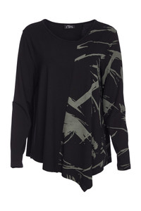ORA Clothing ORW25104 Mottled print angle hem top with plain jersey panels and sleeves Army/Black 599 ORA Clothing ORW25104 Mottled print angle hem top with plain jersey panels and sleeves Army/Black 599