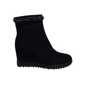 The Lorette Vital wedge boot (C3854) is crafted in black suede with a statement jewel-embellished collar. The Lorette Vital wedge boot (C3854) is crafted in black suede with a statement jewel-embellished collar.