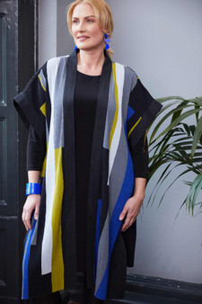 ORA Clothing ORW25124 Color block long line cardi with plain underdress Lapis/Black 629
