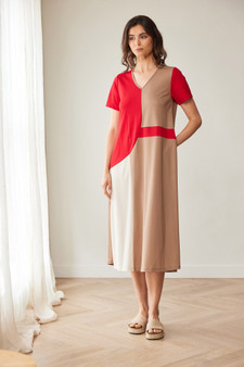 PERUZZI S26147 COLOUR BLOCK DRESS RED/TAUPE