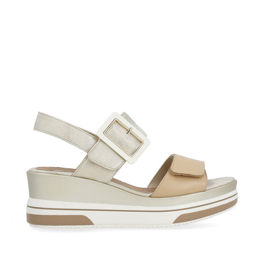 Remonte D1P50-90 high wedge sandal with wide velcro straps Cream