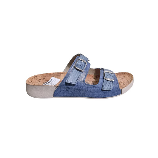 Suave Cayman Cork based flat mule with double buckle  Denim