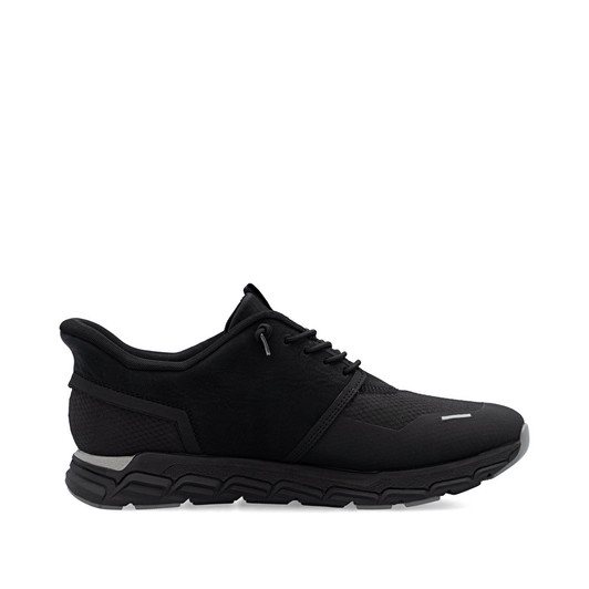 Rieker M9051-00 Evolution black athletic sneaker with reflective accents. Lightweight with R-TEX waterproofing.